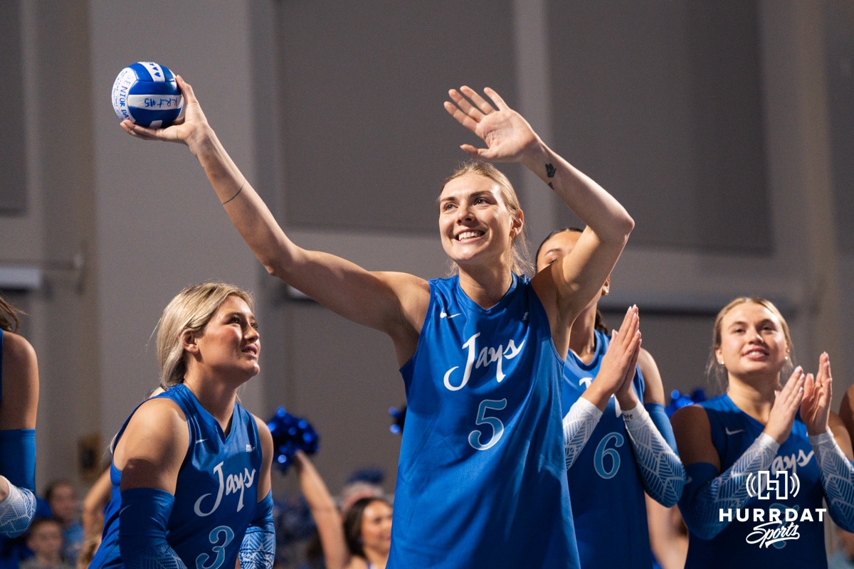 Creighton Bluejay Kiara Reinhardt #5 waves to the crowd during a volleyball game against Georgetown on Sunday, November 9, 2025, in Omaha, Nebraska. Photo by Brandon Tiedemann.