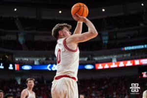Nebraska Cornhusker Connor Essegian (0) shoots a three during a basketball game against Florida International University on Saturday, November 8, 2025, in Lincoln, Nebraska. Photo by Brandon Tiedemann.