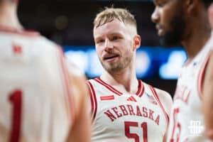 Nebraska Cornhusker Rienk Mast (51) smirks after a time-out during a basketball game against Florida International University on Saturday, November 8, 2025, in Lincoln, Nebraska. Photo by Brandon Tiedemann.