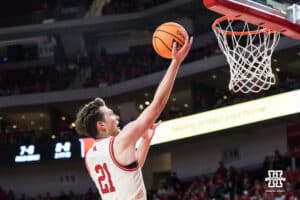 Nebraska Cornhusker Pryce Sandfort (21) shoots a layup during a basketball game against Florida International University on Saturday, November 8, 2025, in Lincoln, Nebraska. Photo by Brandon Tiedemann.