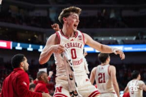 Nebraska Cornhusker Connor Essegian (0) celebrates a Rienk Mast (51) triple double during a basketball game against Florida International University on Saturday, November 8, 2025, in Lincoln, Nebraska. Photo by Brandon Tiedemann.
