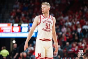 Nebraska Cornhusker Rienk Mast (51) waits for a play call during a basketball game against Florida International University on Saturday, November 8, 2025, in Lincoln, Nebraska. Photo by Brandon Tiedemann.