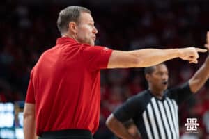 Nebraska Cornhusker head coach Fred Hoiberg calls out a play during a basketball game against Florida International University on Saturday, November 8, 2025, in Lincoln, Nebraska. Photo by Brandon Tiedemann.
