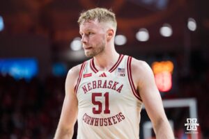 Nebraska Cornhusker Rienk Mast (51) checks into the game during a basketball game against Florida International University on Saturday, November 8, 2025, in Lincoln, Nebraska. Photo by Brandon Tiedemann.
