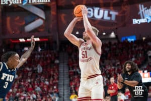 Nebraska Cornhusker Rienk Mast (51) shoots a three pointer during a basketball game against Florida International University on Saturday, November 8, 2025, in Lincoln, Nebraska. Photo by Brandon Tiedemann.