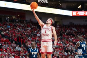 Nebraska Cornhusker Sam Hoiberg (1) attempts a layup during a basketball game against Florida International University on Saturday, November 8, 2025, in Lincoln, Nebraska. Photo by Brandon Tiedemann.