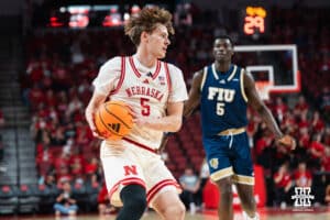 Nebraska Cornhusker Braden Frager (5) looks to pass during a basketball game against Florida International University on Saturday, November 8, 2025, in Lincoln, Nebraska. Photo by Brandon Tiedemann.