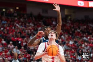 Nebraska Cornhusker Braden Frager (5) looks to shoot during a basketball game against Florida International University on Saturday, November 8, 2025, in Lincoln, Nebraska. Photo by Brandon Tiedemann.
