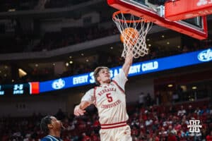 Nebraska Cornhusker Braden Frager (5) dunks during a basketball game against Florida International University on Saturday, November 8, 2025, in Lincoln, Nebraska. Photo by Brandon Tiedemann.