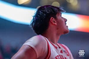 Nebraska Cornhusker Berke Büyüktuncel (9) looks up at the video board during a basketball game against Florida International University on Saturday, November 8, 2025, in Lincoln, Nebraska. Photo by Brandon Tiedemann.