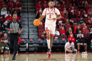 Nebraska Cornhusker Kendall Blue (2) takes the ball up the court during a basketball game against Florida International University on Saturday, November 8, 2025, in Lincoln, Nebraska. Photo by Brandon Tiedemann.