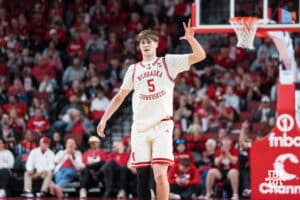 Nebraska Cornhusker Braden Frager (5) celebrates a made three pointer during a basketball game against Florida International University on Saturday, November 8, 2025, in Lincoln, Nebraska. Photo by Brandon Tiedemann.