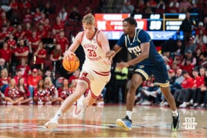 Nebraska Cornhusker Leo Curtis (33) looks to get past a defender during a basketball game against Florida International University on Saturday, November 8, 2025, in Lincoln, Nebraska. Photo by Brandon Tiedemann.