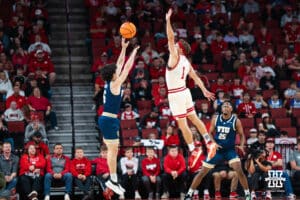 Nebraska Cornhusker Sam Hoiberg (1) contests a shot attempts during a basketball game against Florida International University on Saturday, November 8, 2025, in Lincoln, Nebraska. Photo by Brandon Tiedemann.