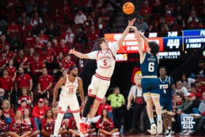 Nebraska Cornhusker Braden Frager (5) contests a three pointer during a basketball game against Florida International University on Saturday, November 8, 2025, in Lincoln, Nebraska. Photo by Brandon Tiedemann.