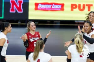 Nebraska Cornhusker libero Laney Choboy (6) celebrates a point against the Illinois Fighting Illini in the third set during a college volleyball match on Thursday, November 6, 2025, in Lincoln, Nebraska. Photo by John S. Peterson.