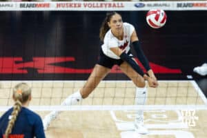 Nebraska Cornhusker outside hitter Skyler Pierce (21) digs the ball against the Illinois Fighting Illini in the third set during a college volleyball match on Thursday, November 6, 2025, in Lincoln, Nebraska. Photo by John S. Peterson.