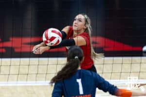 Nebraska Cornhusker libero Laney Choboy (6) digs the ball against the Illinois Fighting Illini in the third set during a college volleyball match on Thursday, November 6, 2025, in Lincoln, Nebraska. Photo by John S. Peterson.