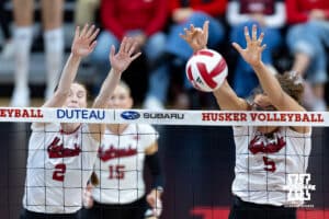 Nebraska Cornhusker middle blocker Rebekah Allick (5) jump to block the ball against the Illinois Fighting Illini during a college volleyball match on Thursday, November 6, 2025, in Lincoln, Nebraska. Photo by John S. Peterson.