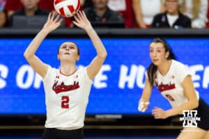 Nebraska Cornhusker setter Bergen Reilly (2) sets the ball for opposite Virginia Adriano (9) in the second set during a college volleyball match on Thursday, November 6, 2025, in Lincoln, Nebraska. Photo by John S. Peterson.