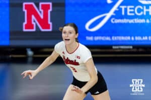 Nebraska Cornhusker setter Bergen Reilly (2) moves to set the ball against the Illinois Fighting Illini in the second set during a college volleyball match on Thursday, November 6, 2025, in Lincoln, Nebraska. Photo by John S. Peterson.