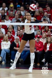 Nebraska Cornhusker outside hitter Harper Murray (27) makes a pass against the Illinois Fighting Illini in the second set during a college volleyball match on Thursday, November 6, 2025, in Lincoln, Nebraska. Photo by John S. Peterson.