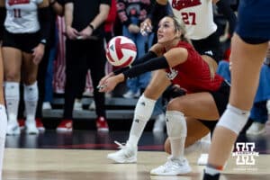 Nebraska Cornhusker libero/defensive specialist Laney Choboy (6) digs the ball against the Illinois Fighting Illini in the second set during a college volleyball match on Thursday, November 6, 2025, in Lincoln, Nebraska. Photo by John S. Peterson.
