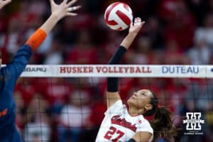 Nebraska Cornhusker outside hitter Harper Murray (27) spikes the ball against the Illinois Fighting Illini in the second set during a college volleyball match on Thursday, November 6, 2025, in Lincoln, Nebraska. Photo by John S. Peterson.