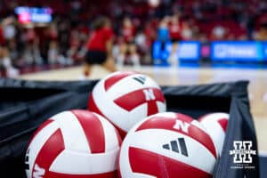 Nebraska Cornhusker volleyball used for warm ups during a college volleyball match against the Illinois Fighting Illini on Thursday, November 6, 2025, in Lincoln, Nebraska. Photo by John S. Peterson.