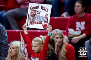 Nebraska Cornhusker fan holding a sign for Andi Jackson against the Illinois Fighting Illini during a college volleyball match on Thursday, November 6, 2025, in Lincoln, Nebraska. Photo by John S. Peterson.