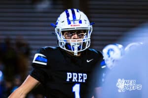 Creighton Preps Shelden Goliday (1) is checking if hes lined up correctly during a high school football game against Lincoln Southeast on Friday, October 31, 2025 in Omaha, Nebraska. Photo By Jack Stephens.