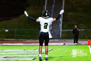 Lincoln Southeasts Tyrese Goode (2) is celebrating after breaking up a pass during a high school football game at Creighton Prep on Friday, October 31, 2025 in Omaha, Nebraska. Photo By Jack Stephens.