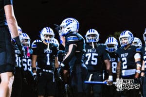 Creighton Preps Colin Corrigan (3) is hyping his teammates up before a high school football game against Lincoln Southeast on Friday, October 31, 2025 in Omaha, Nebraska. Photo By Jack Stephens.
