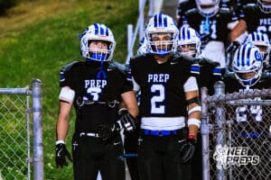 Creighton Preps Colin Corrigan (3) and Angelo Walker (2) are walking out with their teammates before a high school football game against Lincoln Southeast on Friday, October 31, 2025 in Omaha, Nebraska. Photo By Jack Stephens.