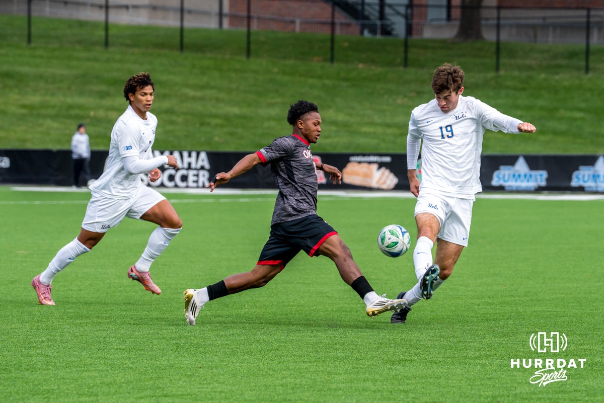 UNO Mavericks player, Bradley Takamo, faces off against UCLA player during a college soccer game on Nov 1st, 2025 in Omaha, Nebraska. Photo by Logan Hock