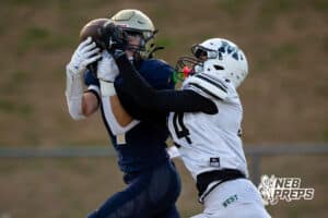 Elkhorn South wide receiver Chase Williamson (7) has a pass broken up by a Millard South defensive back during a high school football game, Friday, October 31, 2025, Omaha, Nebraska. Photo by Braden Cochran.