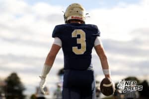 Elkhorn South wide receiver Bennet Gillman rises from the turf after a reception touchdown during a high school football game, Friday, October 31, 2025, Omaha, Nebraska. Photo by Braden Cochran.