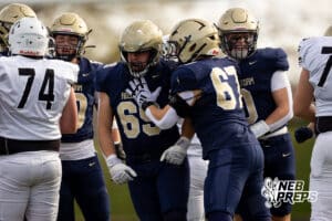 Elkhorn South defensive lineman Cooper Perrien (69) celebrates after a tackle in the backfield early during a high school football game, Friday, October 31, 2025, Omaha, Nebraska. Photo by Braden Cochran.