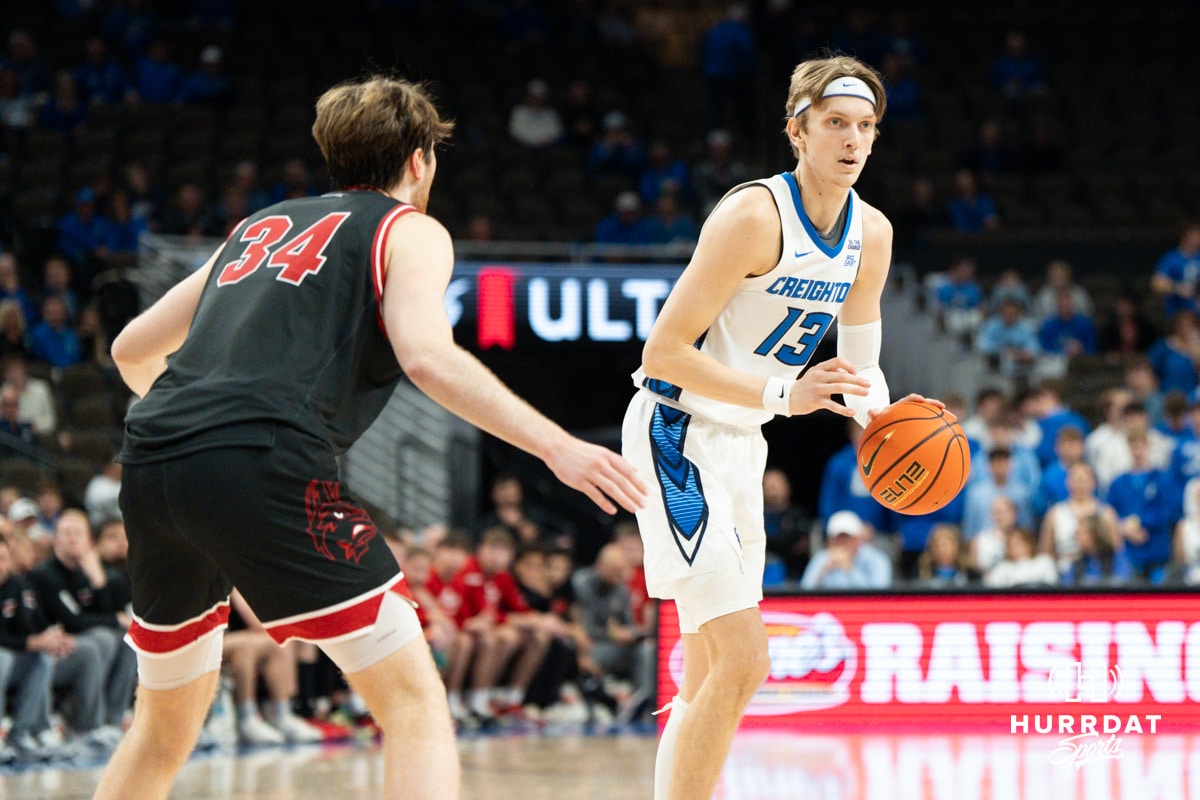 Creighton Bluejay Liam McChesney (#13) looks to pass during a basketball game against South Dakota on Wednesday, November 5, 2025, in Omaha, Nebraska. Photo by Brandon Tiedemann.