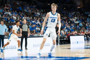 Creighton Bluejay Liam McChesney (#13) checks into the game during a basketball game against South Dakota on Wednesday, November 5, 2025, in Omaha, Nebraska. Photo by Brandon Tiedemann.