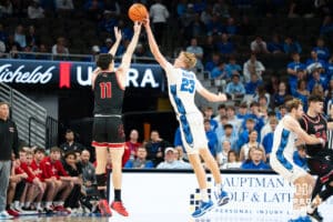 Creighton Bluejay Jackson McAndrew (#23) blocks a shot during a basketball game against South Dakota on Wednesday, November 5, 2025, in Omaha, Nebraska. Photo by Brandon Tiedemann.