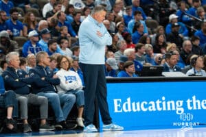 Creighton Bluejay head coach Greg McDermott frustrated on the sidelines during a basketball game against South Dakota on Wednesday, November 5, 2025, in Omaha, Nebraska. Photo by Brandon Tiedemann.