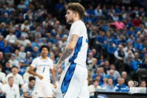 Creighton Bluejay Owen Freeman (#32) celebrates a made basket during a basketball game against South Dakota on Wednesday, November 5, 2025, in Omaha, Nebraska. Photo by Brandon Tiedemann.