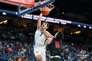 Creighton Bluejay Fedor Žugić (#7) dunks during a basketball game against South Dakota on Wednesday, November 5, 2025, in Omaha, Nebraska. Photo by Brandon Tiedemann.