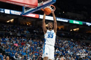 Creighton Bluejay Josh Townley-Thomas (#53) dunks during a basketball game against South Dakota on Wednesday, November 5, 2025, in Omaha, Nebraska. Photo by Brandon Tiedemann.