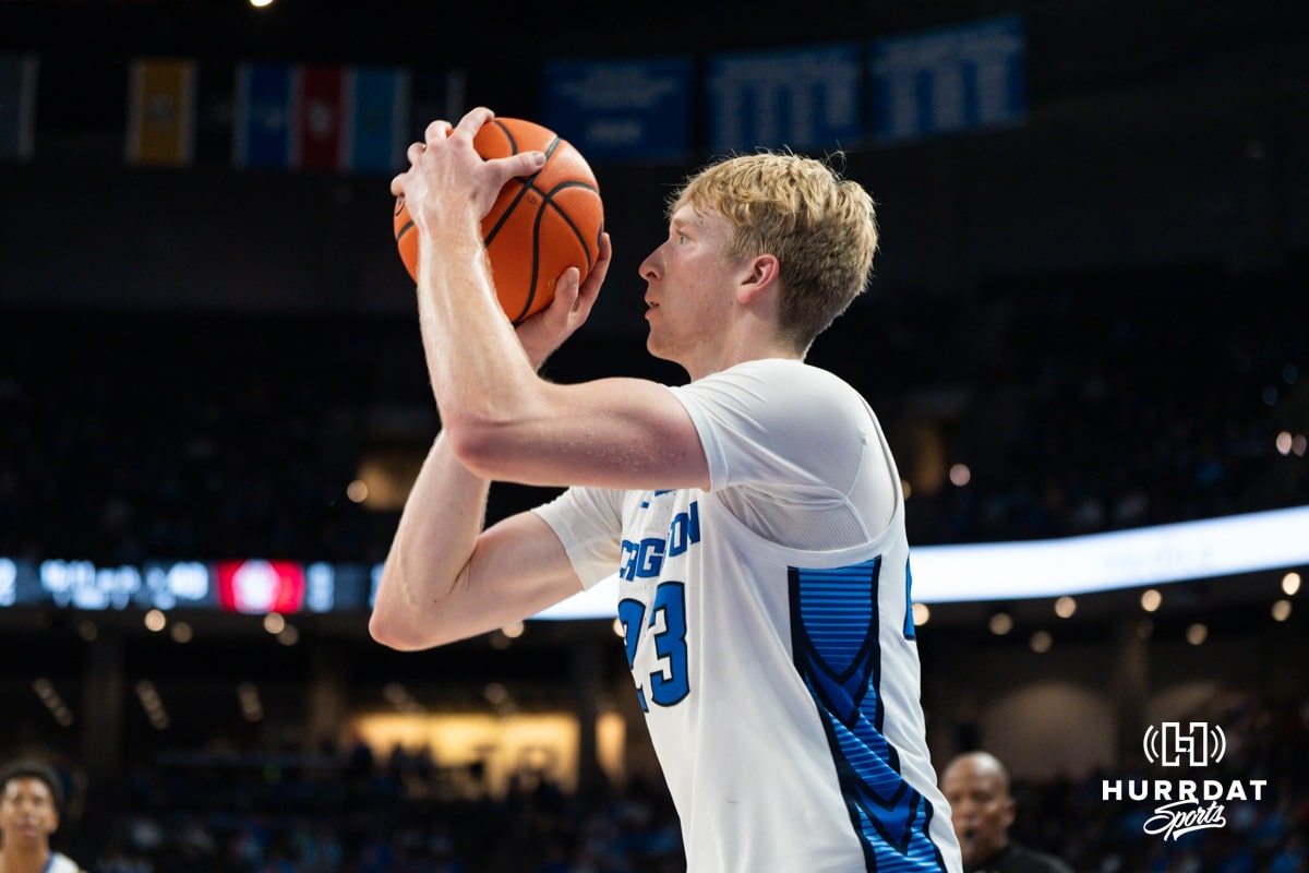 Creighton Bluejay Jackson McAndrew (#23) waits to shoot during a basketball game against South Dakota on Wednesday, November 5, 2025, in Omaha, Nebraska. Photo by Brandon Tiedemann.