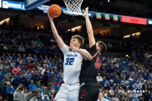 Creighton Bluejay Owen Freeman (#32) shoots a layup during a basketball game against South Dakota on Wednesday, November 5, 2025, in Omaha, Nebraska. Photo by Brandon Tiedemann.