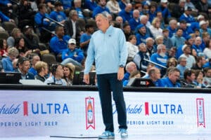 Creighton Bluejay head coach Greg McDermott looks frustrated during a basketball game against South Dakota on Wednesday, November 5, 2025, in Omaha, Nebraska. Photo by Brandon Tiedemann.