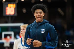 Creighton Bluejay Austin Swartz (#1) smiles during a basketball game against South Dakota on Wednesday, November 5, 2025, in Omaha, Nebraska. Photo by Brandon Tiedemann.