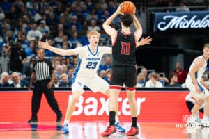 Creighton Bluejay Jackson McAndrew (#23) defends during a basketball game against South Dakota on Wednesday, November 5, 2025, in Omaha, Nebraska. Photo by Brandon Tiedemann.